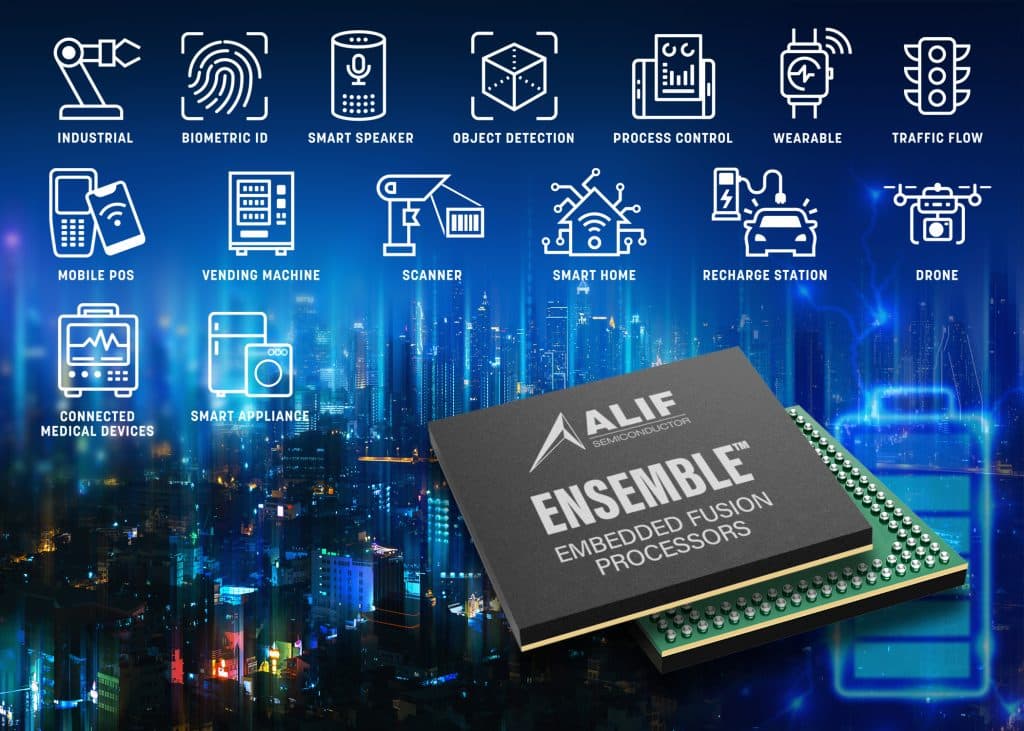Alif Semiconductor Ensemble family of microcontrollers and fusion processors enables battery operated IoT devices to operate at the edge.